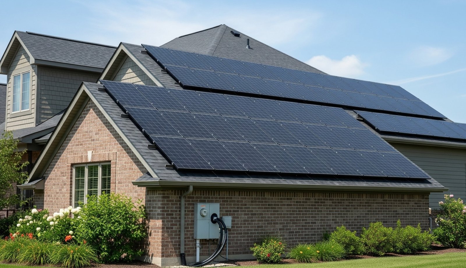 Rooftop solar panels on a modern house, a renewable energy solution for homes.